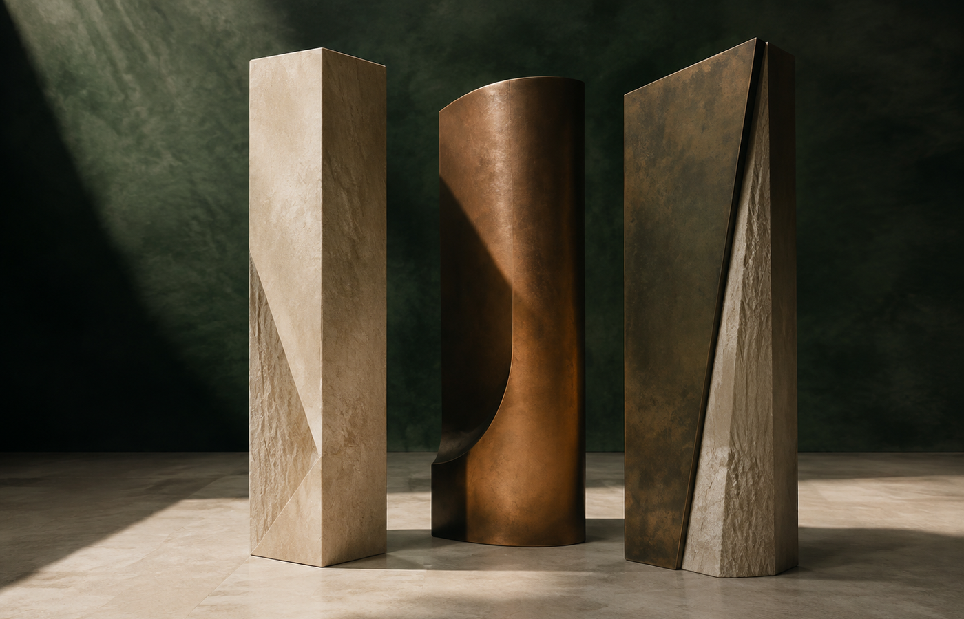 Three sculptural forms representing the three Delmic wealth engines